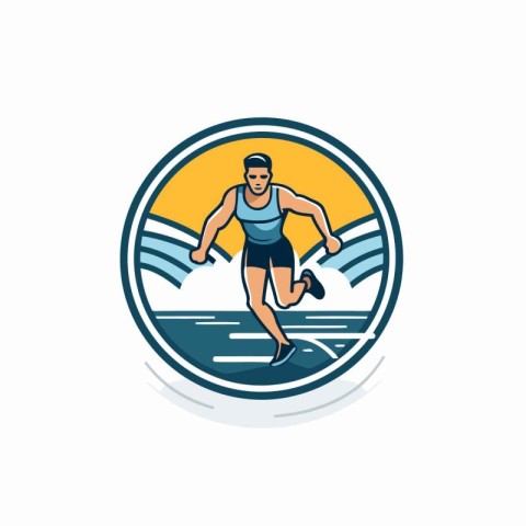 Vector illustration of a surfer running on the beach viewed from