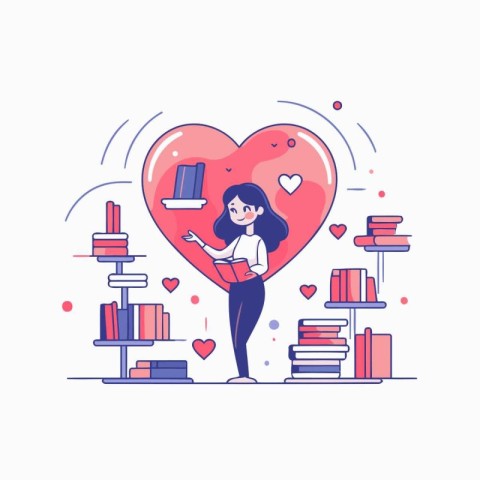 Vector illustration of girl reading a book in the library. Flat