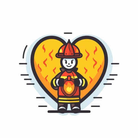 Fireman in a fire suit with a burning heart. Vector illustration