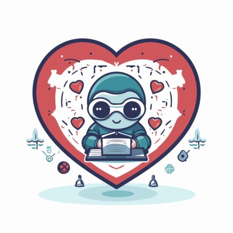 cute boy reading a book in the shape of a heart. vector illustra