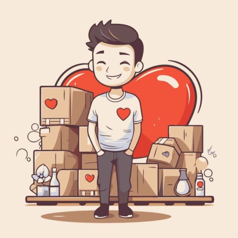 Man with boxes and heart. Vector illustration in cartoon style.