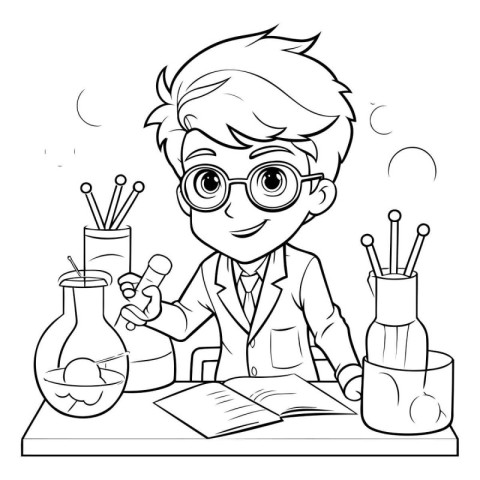 Black and White Cartoon Illustration of Chemist or Professor Cha