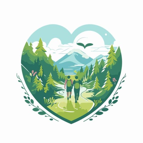 Vector illustration of a couple walking in the forest in heart s