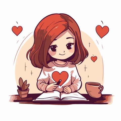 Cute little girl with cup of coffee and book. Vector illustratio