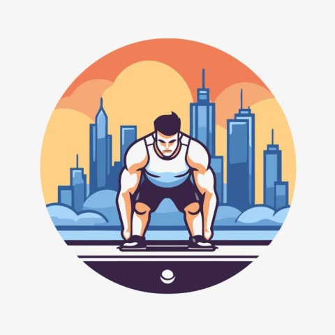 Fat man doing push-ups on the background of the city. Vector ill