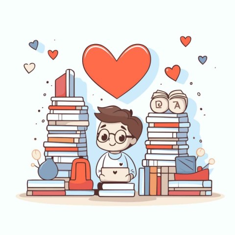 Books and boy. Education concept. Vector illustration in cartoon