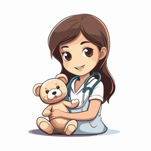 Cute little girl playing doctor with teddy bear cartoon vector i