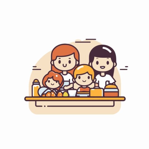 Family with children in a cafe. Vector illustration in flat styl