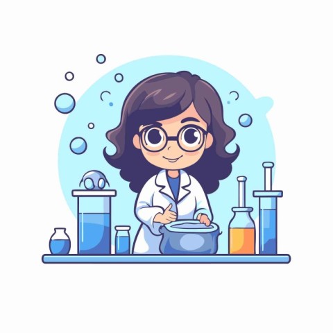 Cute little girl in lab coat and glasses making experiment in ch