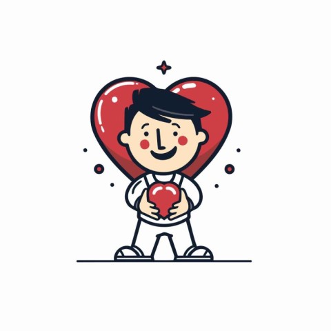 Vector illustration of boy holding red heart. Line art design fo