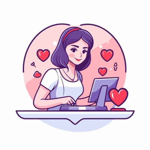 Young woman using computer for online dating. Vector illustratio