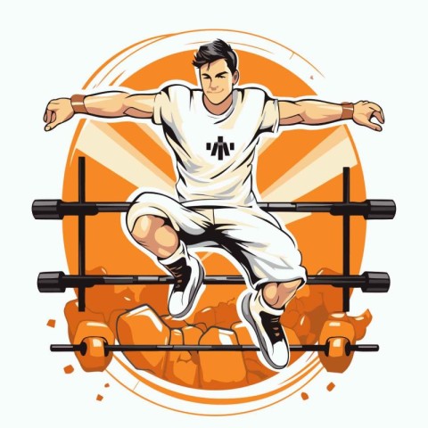 Athletic man jumping over the fence. Vector illustration.