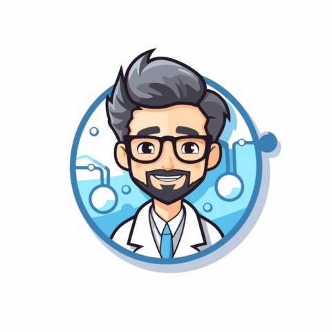 Vector illustration of a cartoon scientist in a lab coat and gla