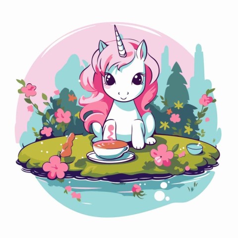 Cute cartoon unicorn with cup of coffee in the garden. Vector il