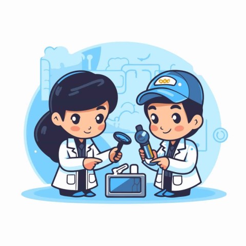 Vector illustration of a boy and girl scientist in a lab coat.