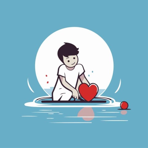 Cute little boy playing with heart in the water. Vector illustra