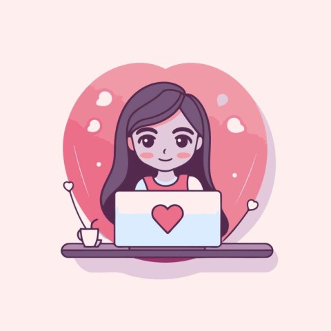 Cute girl with laptop. Vector illustration in a flat style.