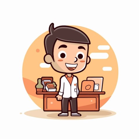 boy in lab coat standing in front of desk. cartoon vector illust