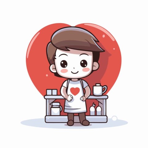 cute boy with heart and coffee cup cartoon vector illustration g