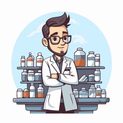 Handsome pharmacist cartoon character. Vector illustration in ca