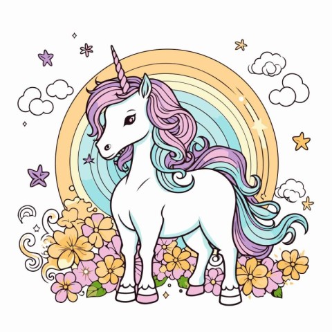 Unicorn with rainbow and flowers. Hand drawn vector illustration