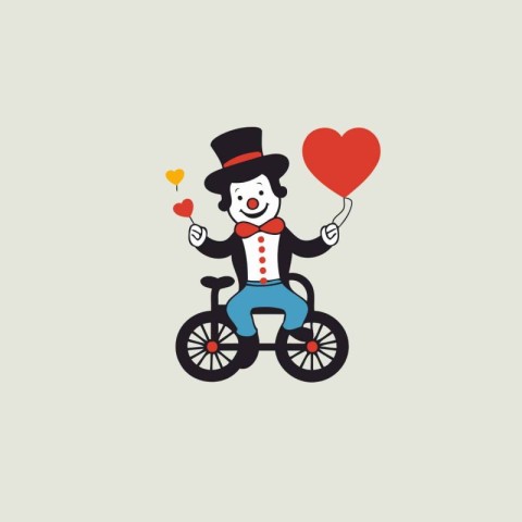 Clown with a heart on a bicycle. Vector illustration in flat sty