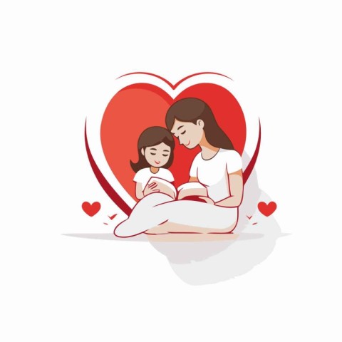 Mother and daughter with a red heart on a white background. Vect