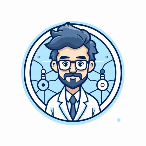 Vector illustration of scientist in round frame. Round icon of s