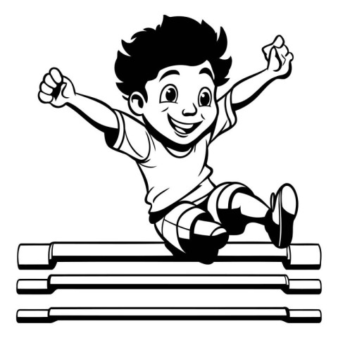 Boy jumping over a hurdle - Black and White Cartoon Illustration