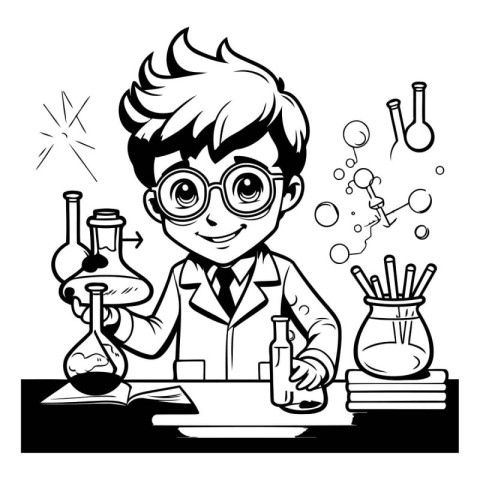 Black and white illustration of a boy scientist working in a lab