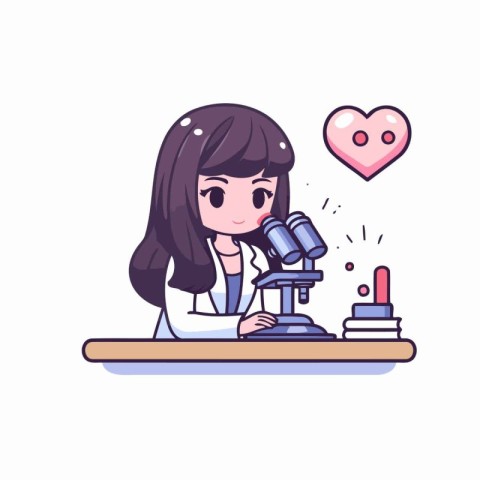 Scientist girl with microscope and heart. Vector illustration in