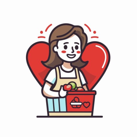 Vector illustration of a girl with a basket full of strawberries