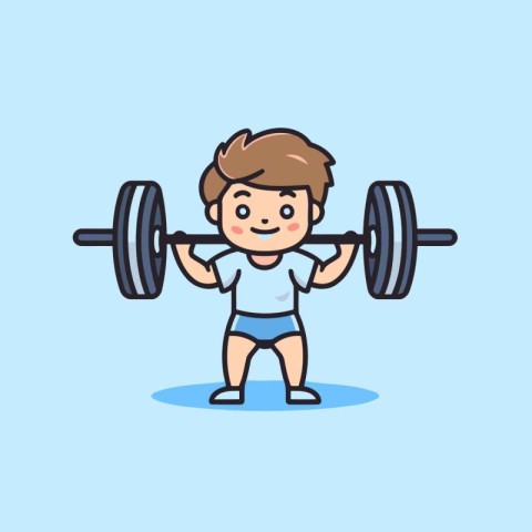 Fitness boy with barbell. Cute cartoon vector illustration.