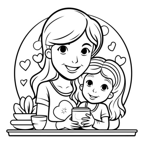 Mother and daughter drinking coffee. Black and white vector illu