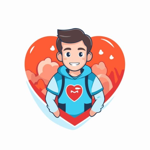 Superhero boy in heart shape. Vector illustration in flat style.