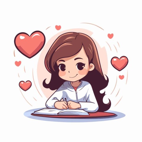 Cute little girl with book and hearts. Vector cartoon illustrati