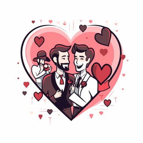 Vector illustration of happy gay couple in heart shape. LGBT con