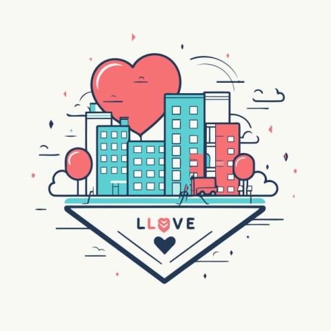 Vector illustration of city with heart shape. Line art design fo