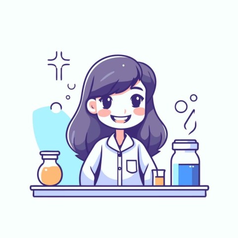 Girl scientist in laboratory. Cute cartoon character. Vector ill