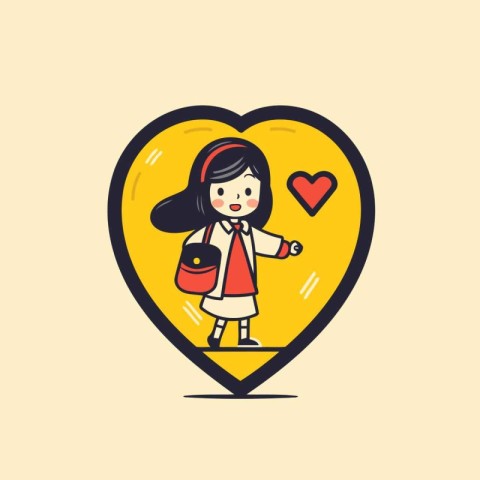 Cute girl with bag in heart shape. Vector flat illustration.