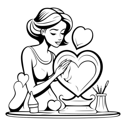 Girl with a heart. Black and white vector illustration for color