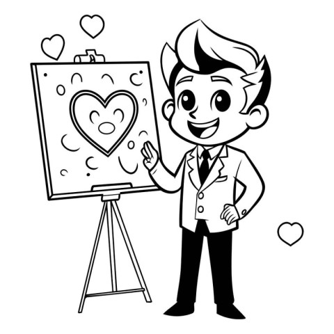 Man Drawing Heart On Easel - Black and White Cartoon Illustratio