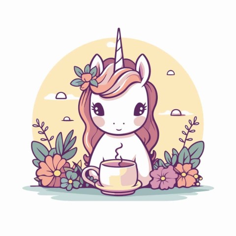 Cute cartoon unicorn with cup of coffee and flowers. Vector illu