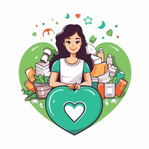 Vector illustration of a girl holding a heart with cosmetics and