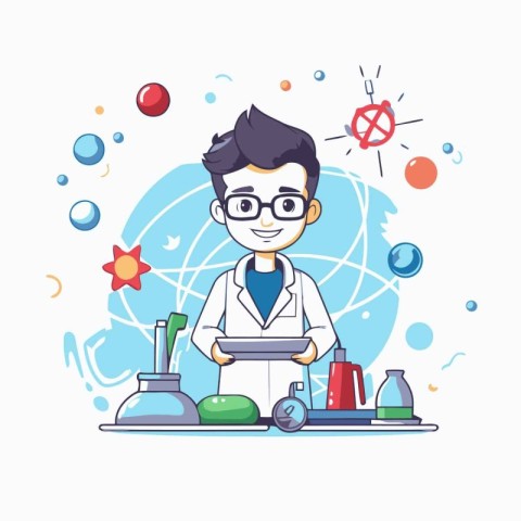 Scientist boy cartoon character with science equipment. Vector i