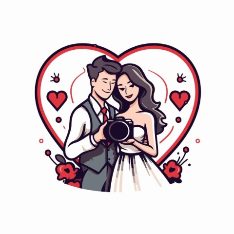 Wedding couple with camera in heart shape. Vector illustration.