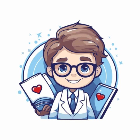 Cute cartoon doctor with glasses and mobile phone. Vector illust