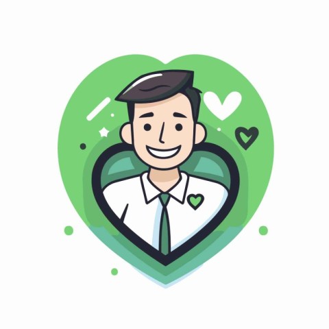 Vector illustration of happy man in heart shape. Flat style desi