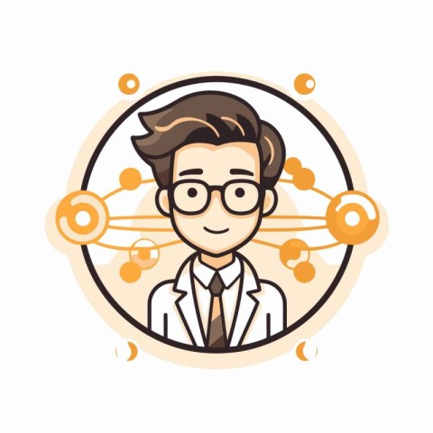 Vector illustration of male doctor in round badge. Medical and h