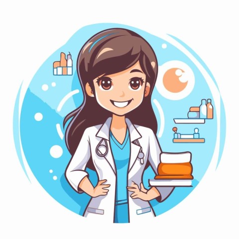 Cute cartoon female doctor character with stethoscope. Vector il